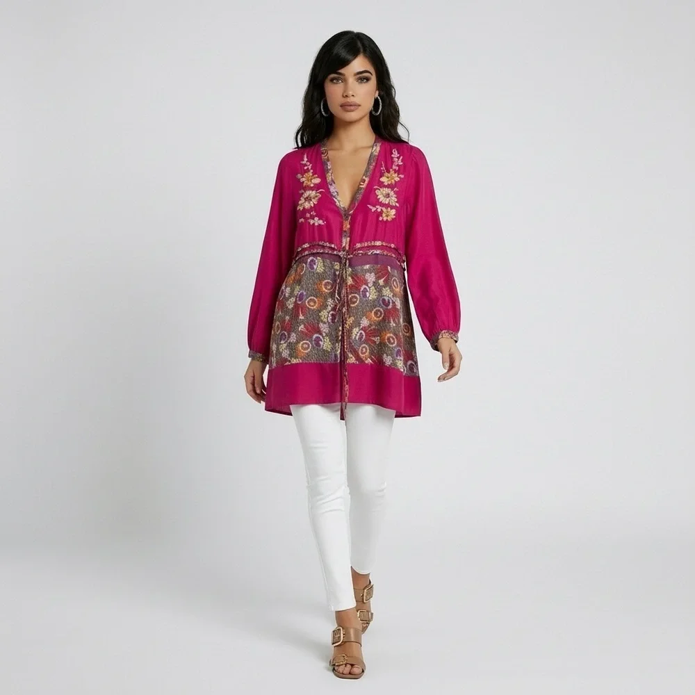 JOHNNY WAS PINK EMBROIDERED BOHO TUNIC TOP SZ S - Picture 2 of 9